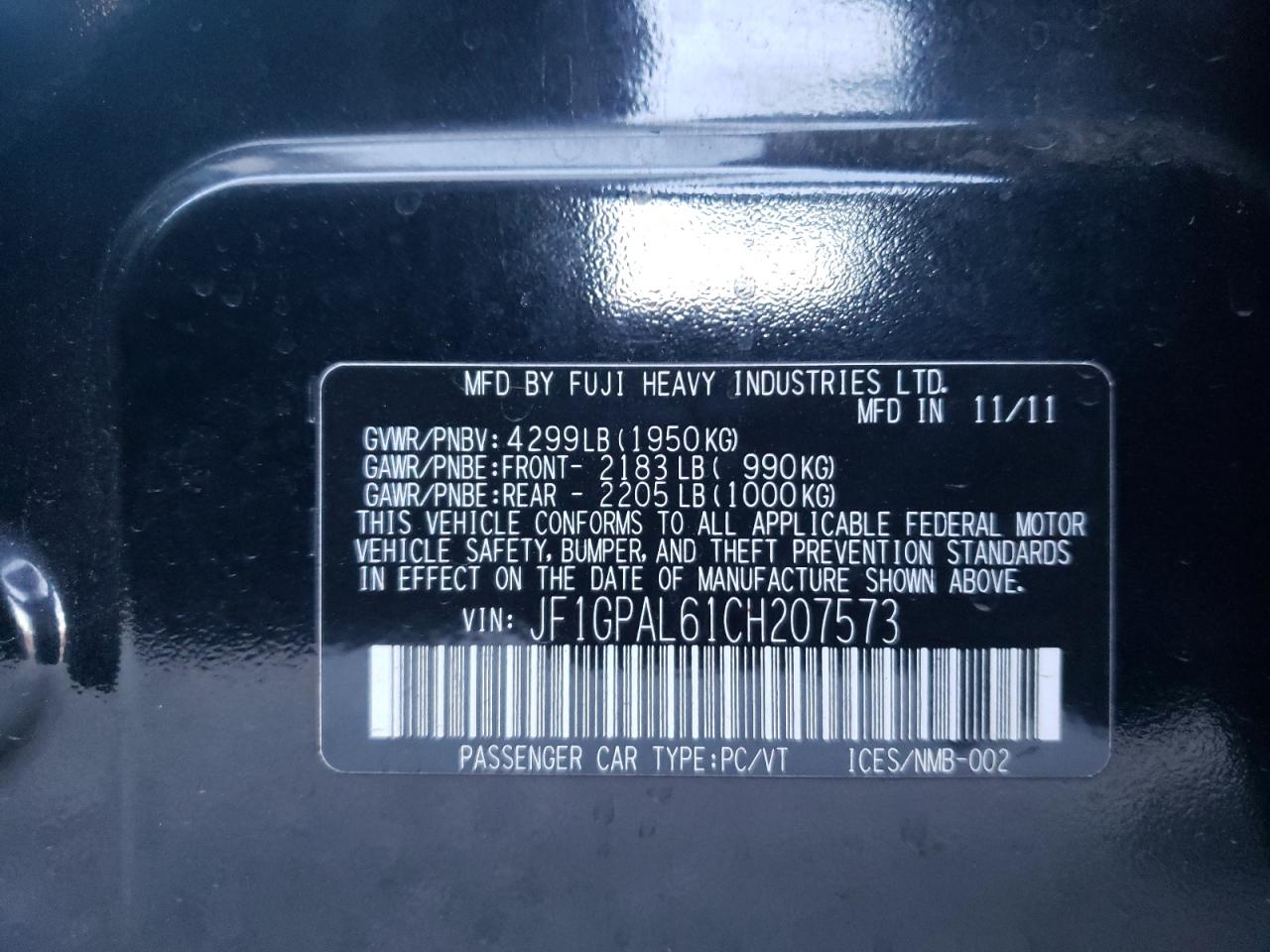Photo 10 from auction – 2012 SUBARU IMPREZA SP with VIN JF1GPAL61CH207573