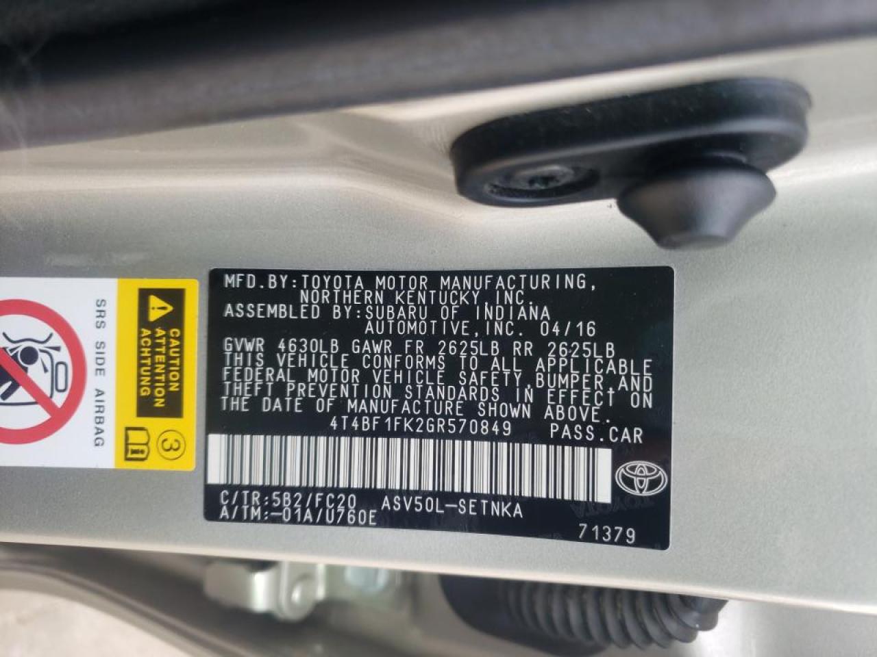 Photo 10 from auction – 2016 TOYOTA CAMRY LE with VIN 4T4BF1FK2GR570849