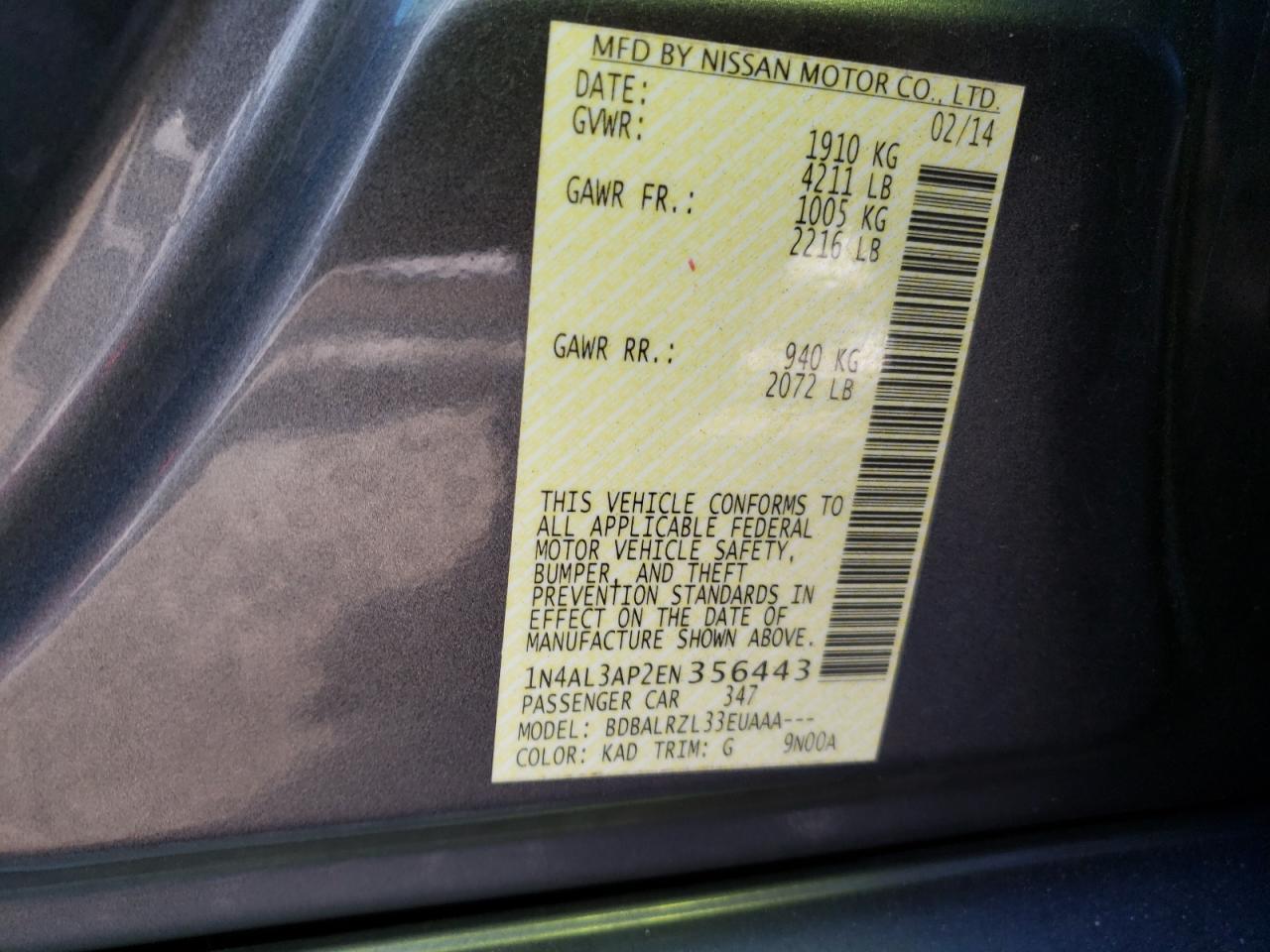 Photo 10 from auction – 2014 NISSAN ALTIMA 2.5 with VIN 1N4AL3AP2EN356443
