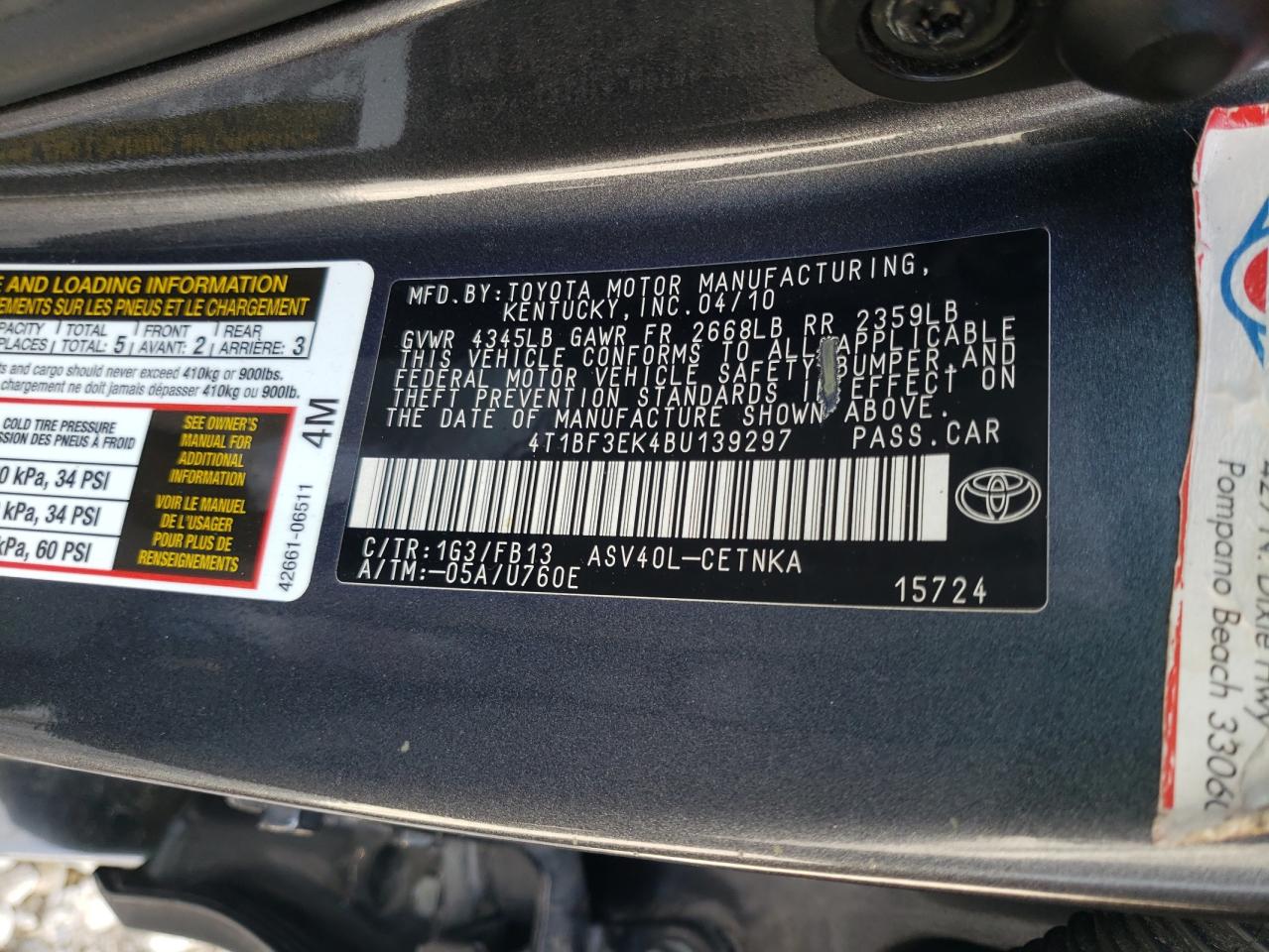 Photo 10 from auction – 2011 TOYOTA CAMRY BASE with VIN 4T1BF3EK4BU139297
