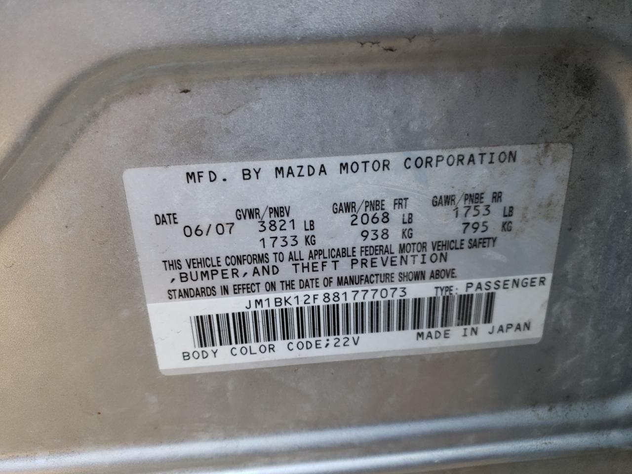 Photo 10 from auction – 2008 MAZDA 3 I with VIN JM1BK12F881777073