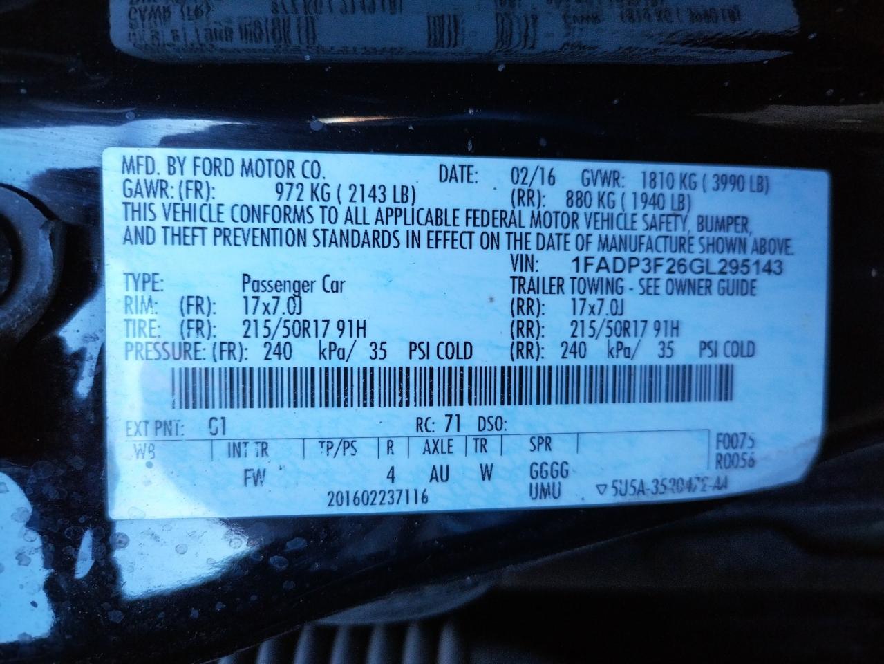 Photo 10 from auction – 2016 FORD FOCUS SE with VIN 1FADP3F26GL295143