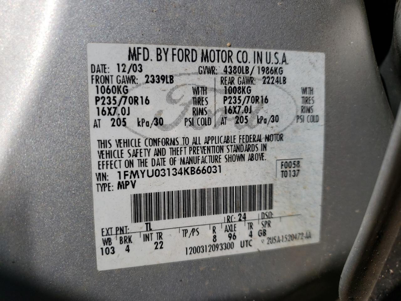 Photo 10 from auction – 2004 FORD ESCAPE XLT with VIN 1FMYU03134KB66031