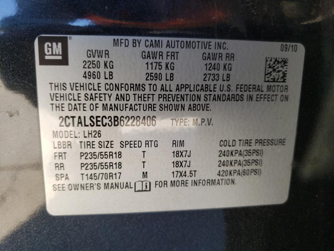 Photo 10 from auction – 2011 GMC TERRAIN SL with VIN 2CTALSEC3B6228406