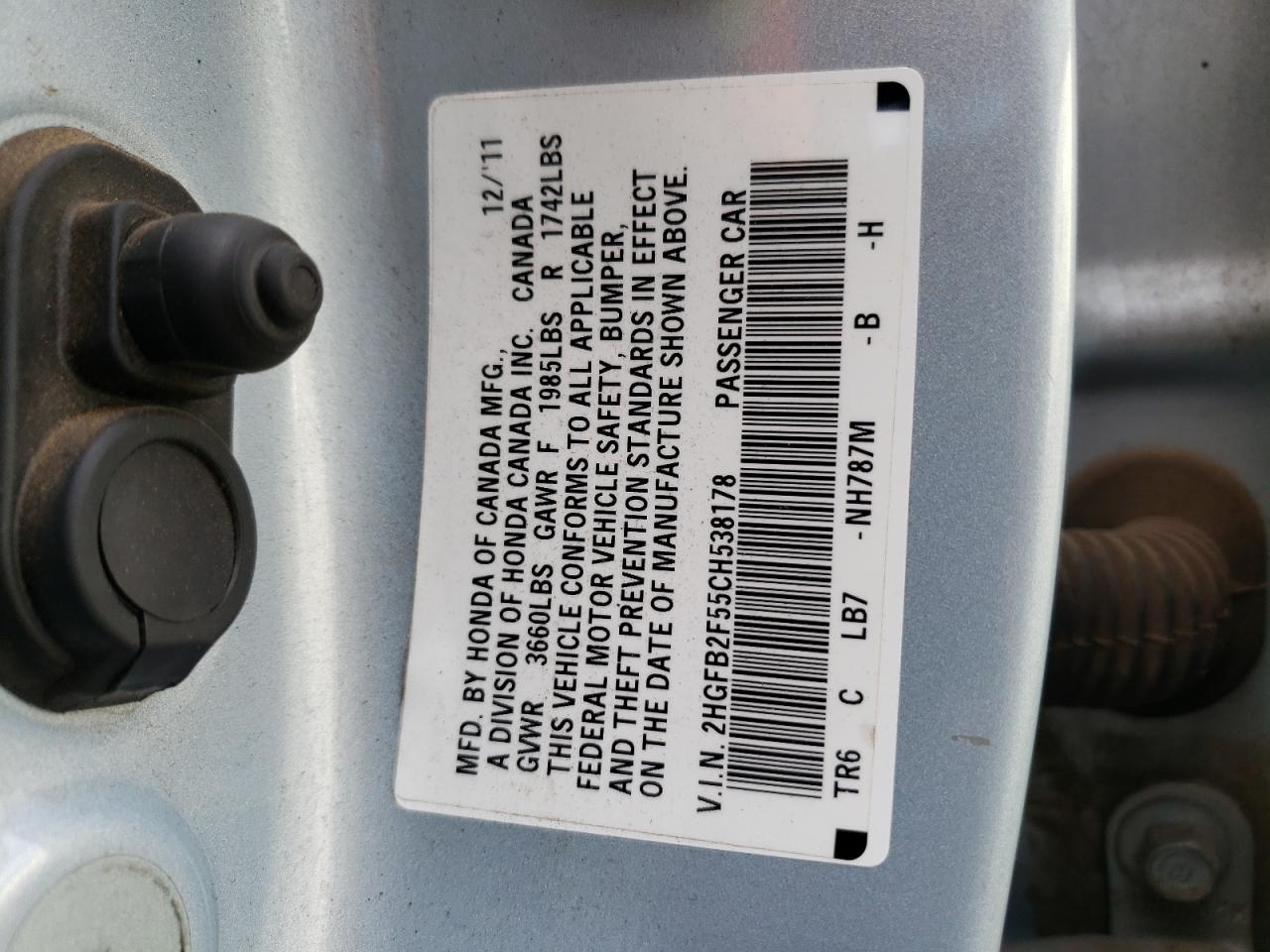 Photo 10 from auction – 2012 HONDA CIVIC LX with VIN 2HGFB2F55CH538178