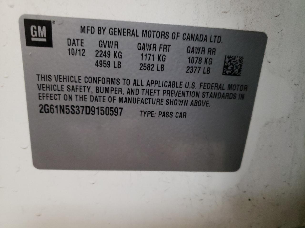 Photo 10 from auction – 2013 CADILLAC XTS with VIN 2G61N5S37D9150597