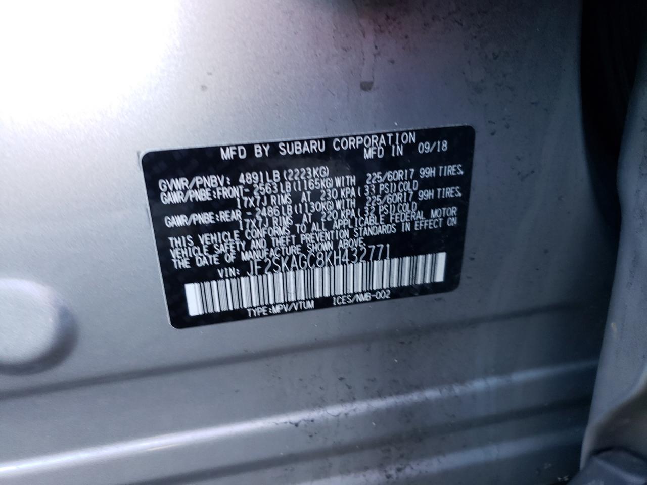 Photo 10 from auction – 2019 SUBARU FORESTER P with VIN JF2SKAGC8KH432771
