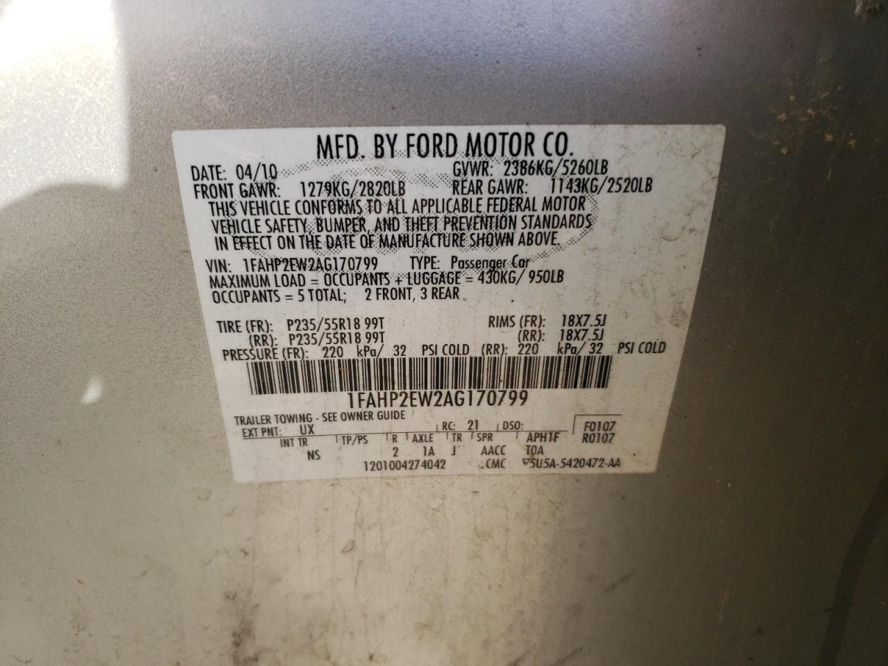 Photo 10 from auction – 2010 FORD TAURUS SEL with VIN 1FAHP2EW2AG170799