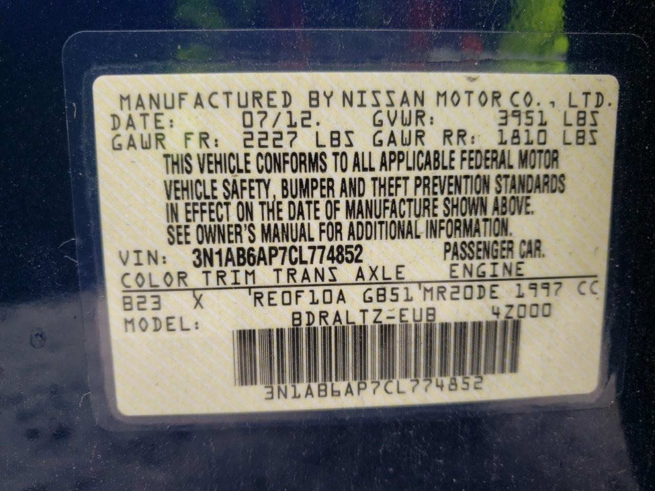 Photo 10 from auction – 2012 NISSAN SENTRA 2.0 with VIN 3N1AB6AP7CL774852