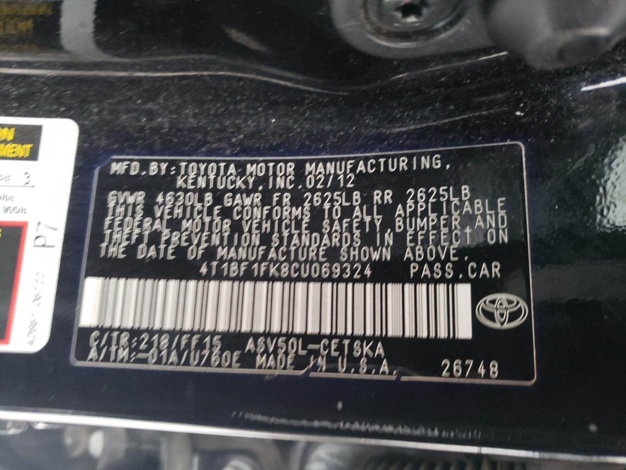 Photo 10 from auction – 2012 TOYOTA CAMRY BASE with VIN 4T1BF1FK8CU069324