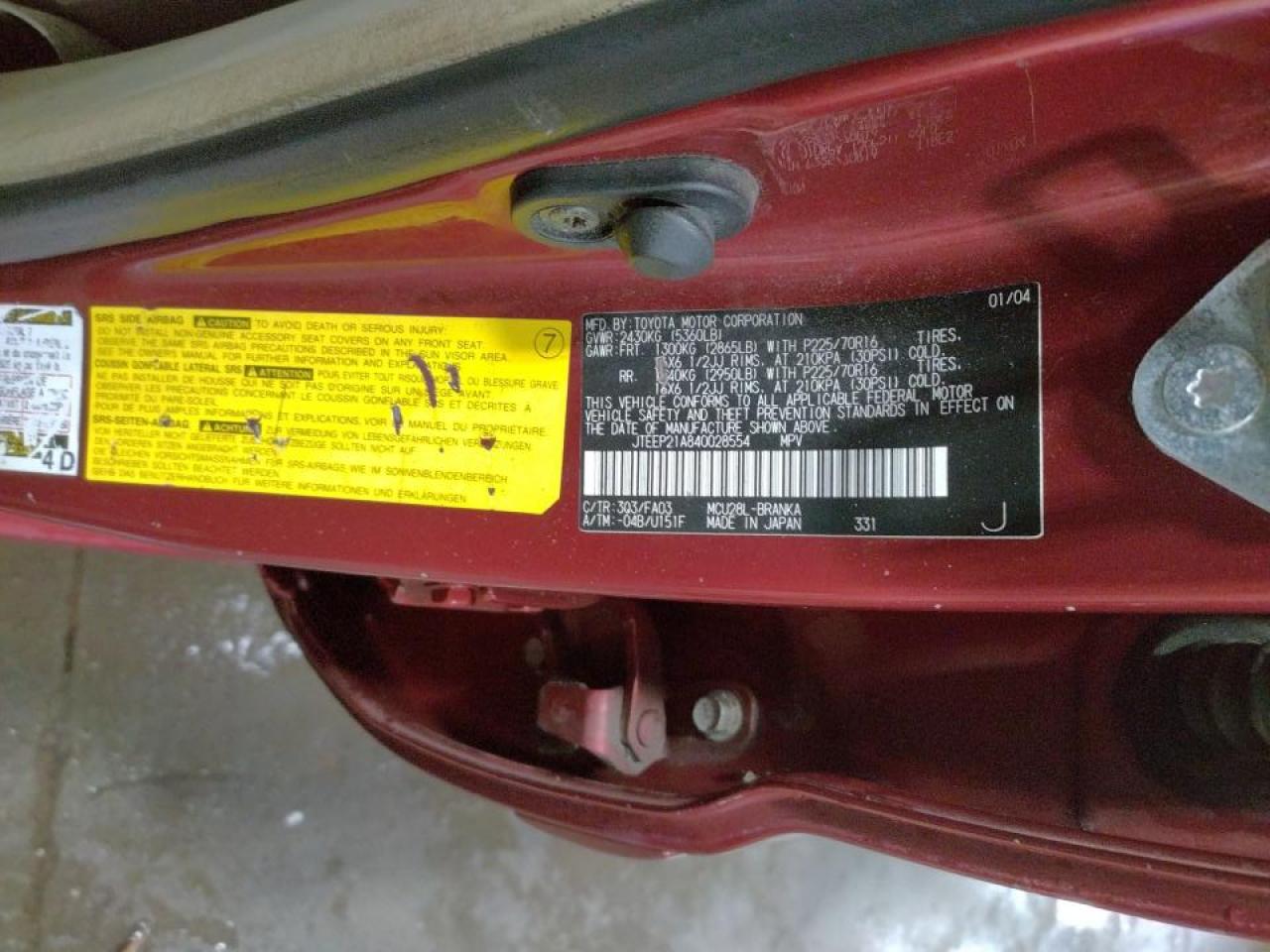 Photo 10 from auction – 2004 TOYOTA HIGHLANDER with VIN JTEEP21A840028554