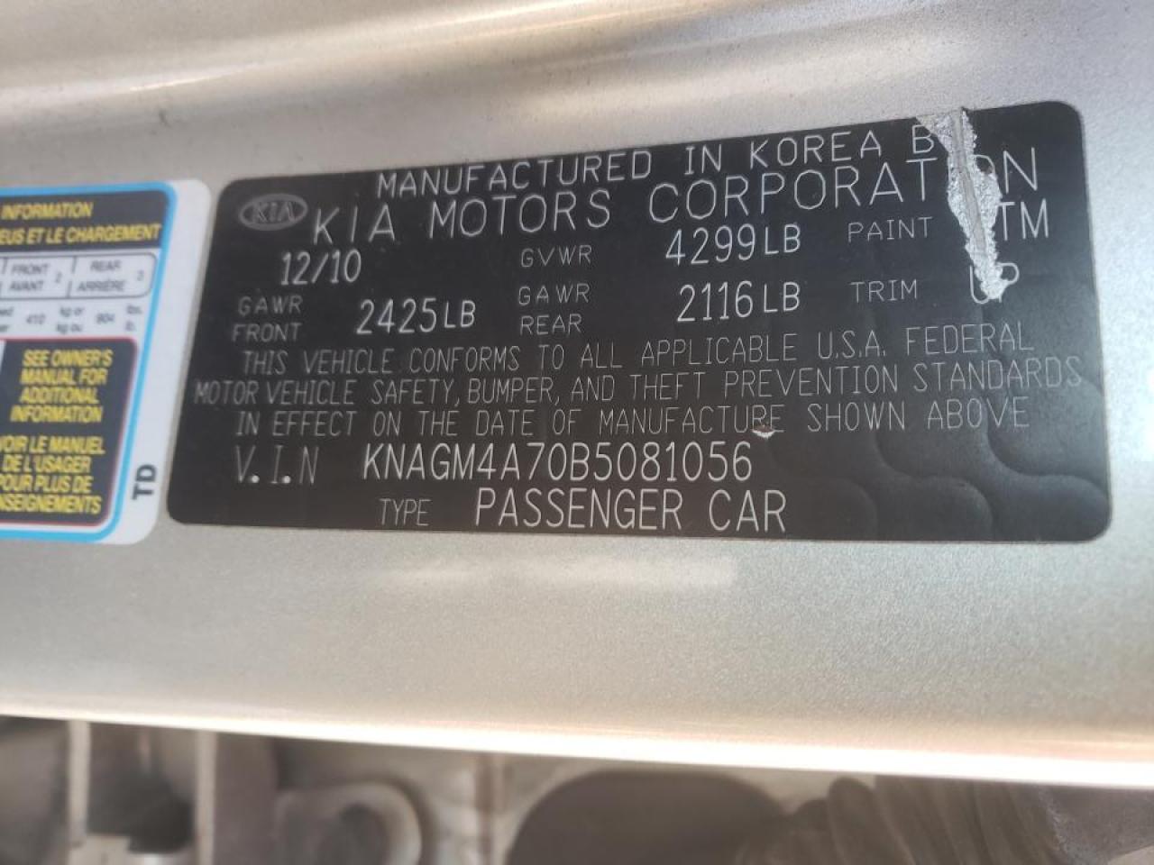 Photo 10 from auction – 2011 KIA OPTIMA LX with VIN KNAGM4A70B5081056