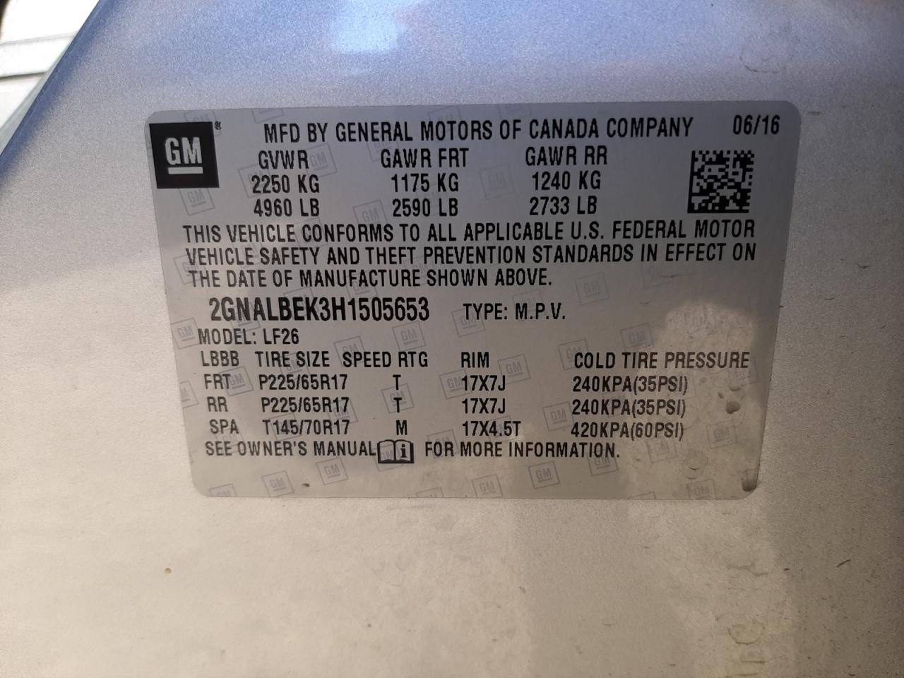 Photo 10 from auction – 2017 CHEVROLET EQUINOX LS with VIN 2GNALBEK3H1505653