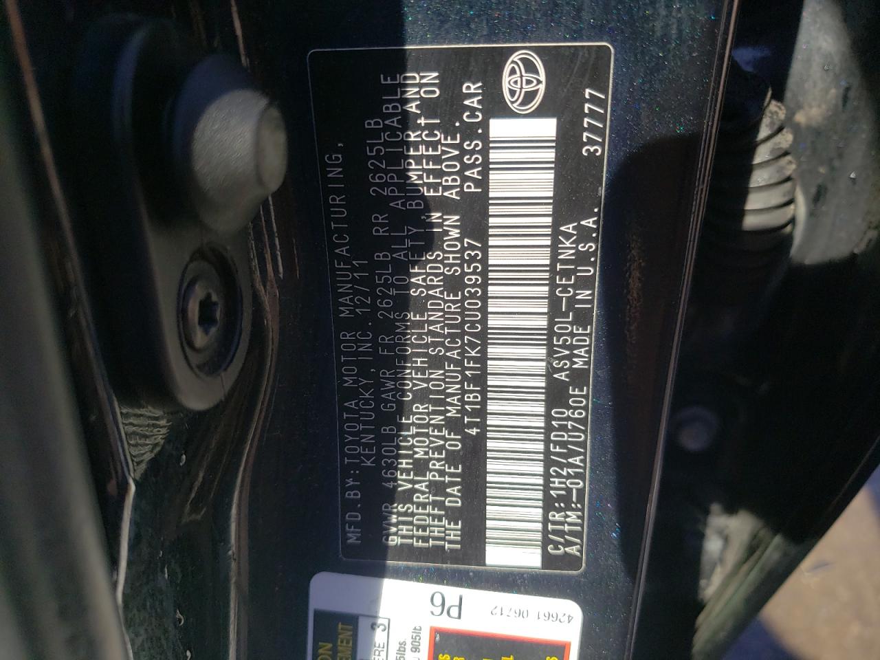 Photo 10 from auction – 2012 TOYOTA CAMRY BASE with VIN 4T1BF1FK7CU039537