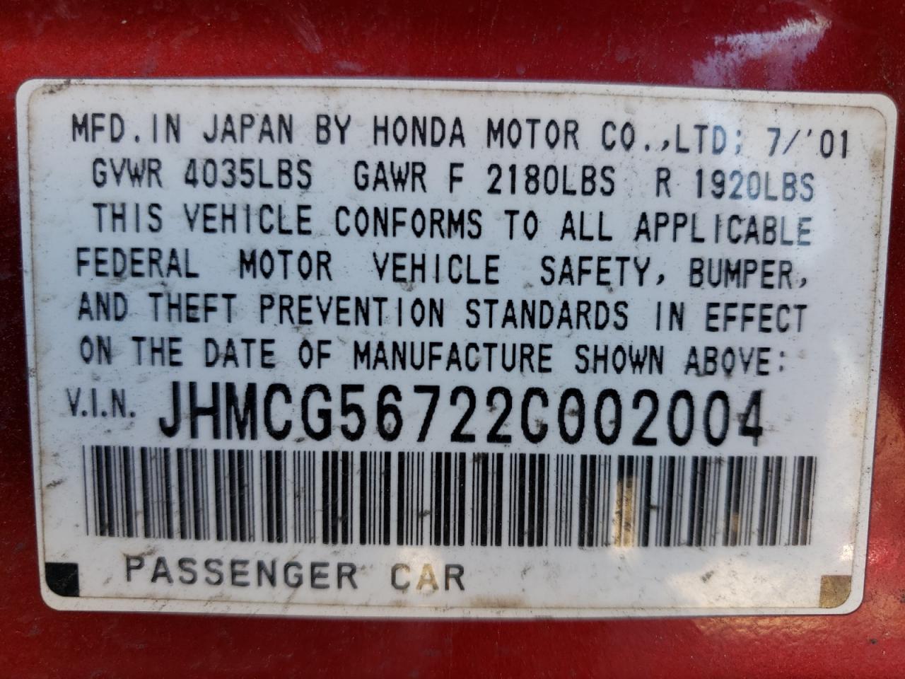 Photo 10 from auction – 2002 HONDA ACCORD SE with VIN JHMCG56722C002004