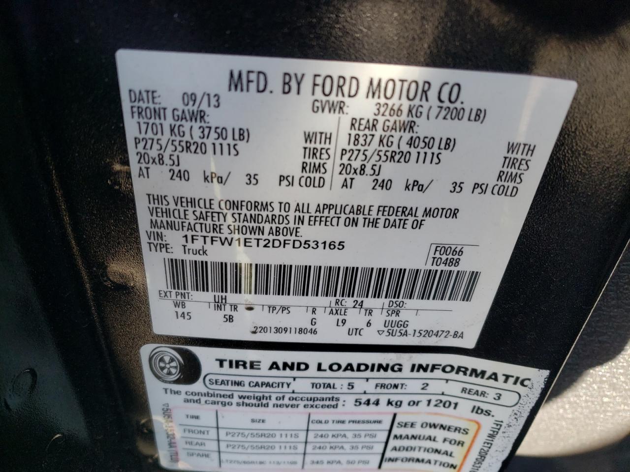 Photo 10 from auction – 2013 FORD F150 SUPER with VIN 1FTFW1ET2DFD53165