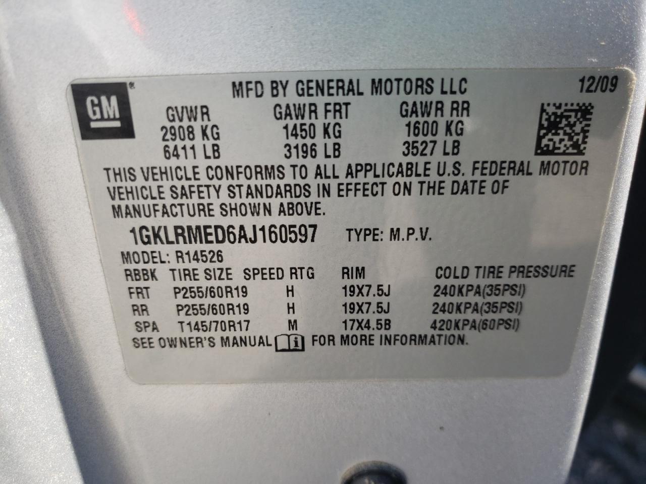 Photo 10 from auction – 2010 GMC ACADIA SLT with VIN 1GKLRMED6AJ160597
