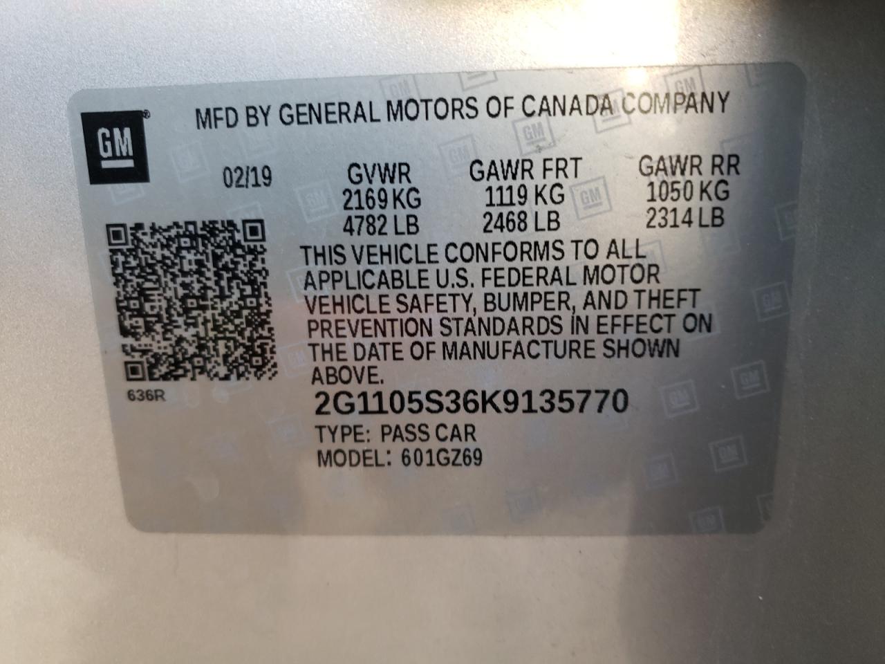 Photo 10 from auction – 2019 CHEVROLET IMPALA PRE with VIN 2G1105S36K9135770
