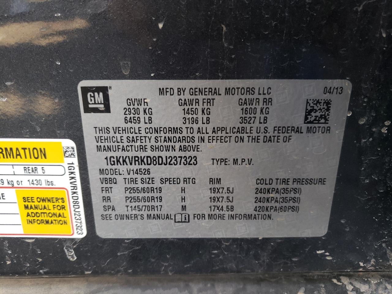 Photo 10 from auction – 2013 GMC ACADIA SLT with VIN 1GKKVRKD8DJ237323