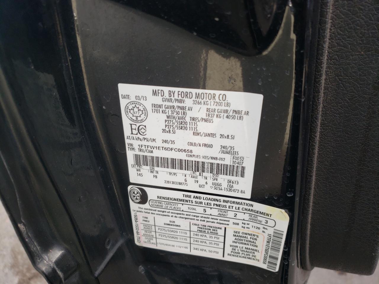 Photo 10 from auction – 2013 FORD F150 SUPER with VIN 1FTFW1ET6DFC00658