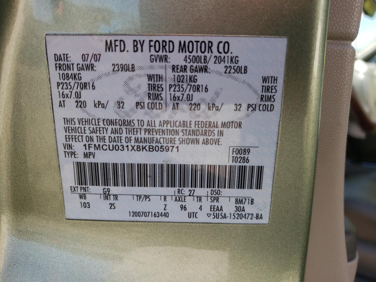 Photo 10 from auction – 2008 FORD ESCAPE XLT with VIN 1FMCU031X8KB05971