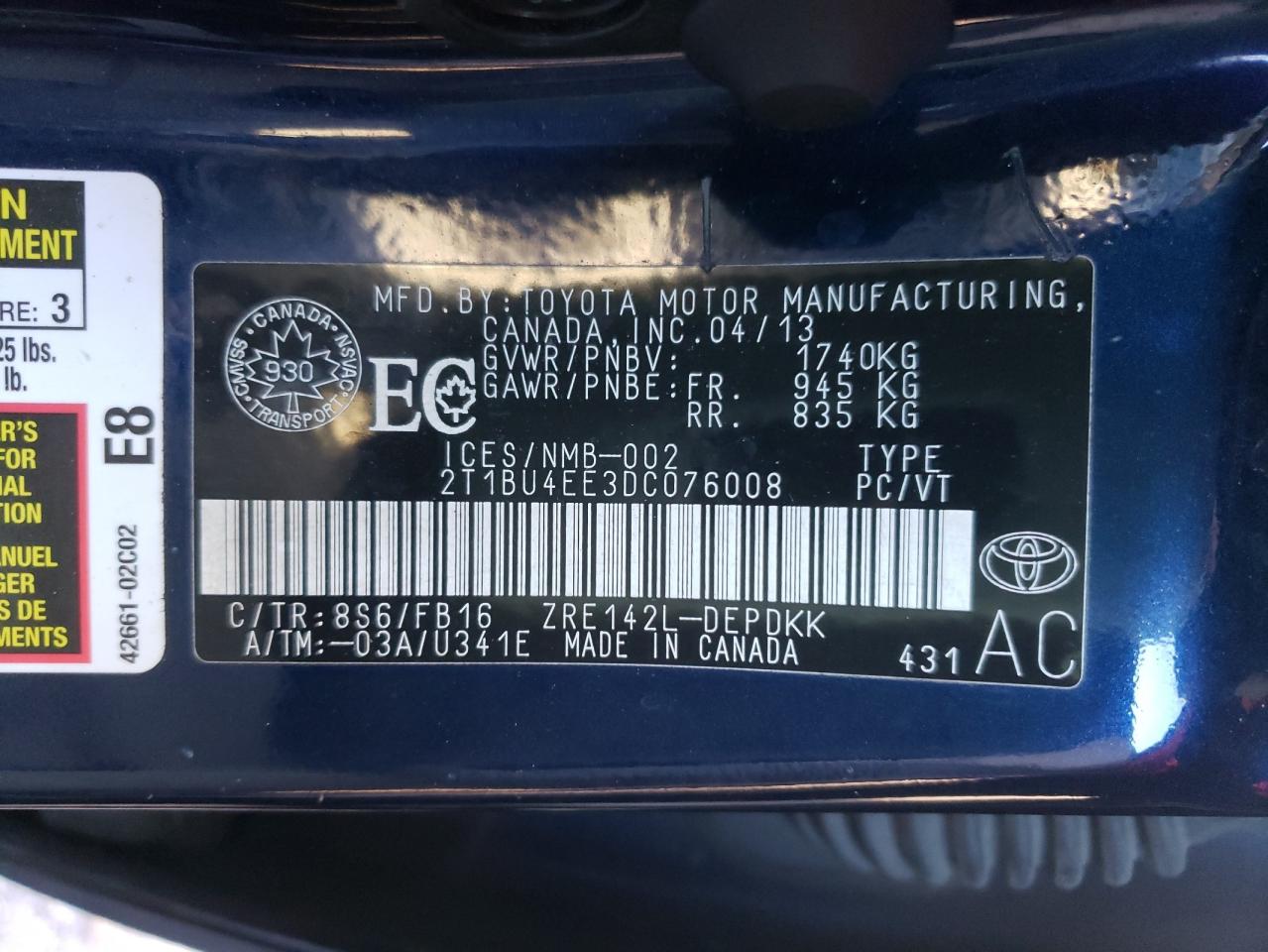 Photo 10 from auction – 2013 TOYOTA COROLLA BA with VIN 2T1BU4EE3DC076008