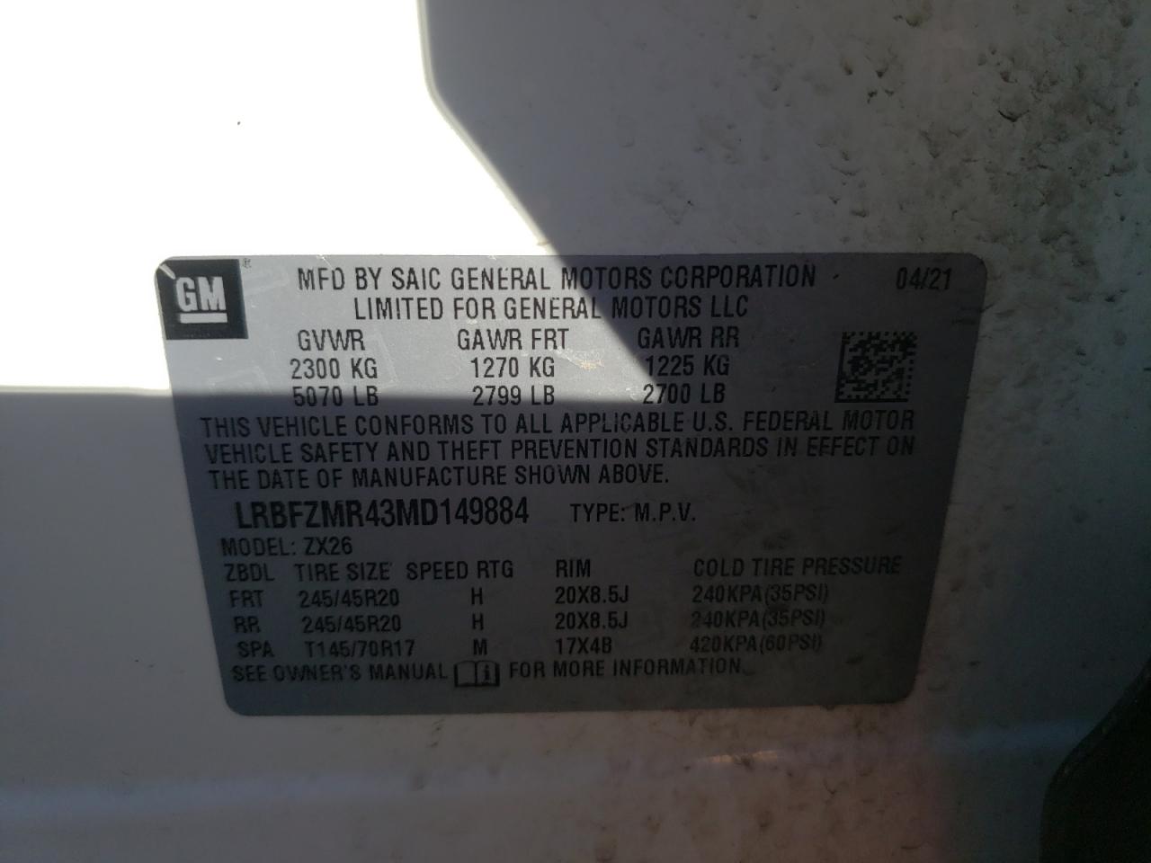 Photo 10 from auction – 2021 BUICK ENVISION P with VIN LRBFZMR43MD149884