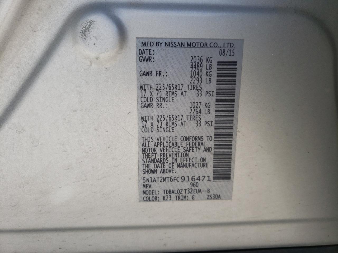 Photo 10 from auction – 2015 NISSAN ROGUE S with VIN 5N1AT2MT6FC916471