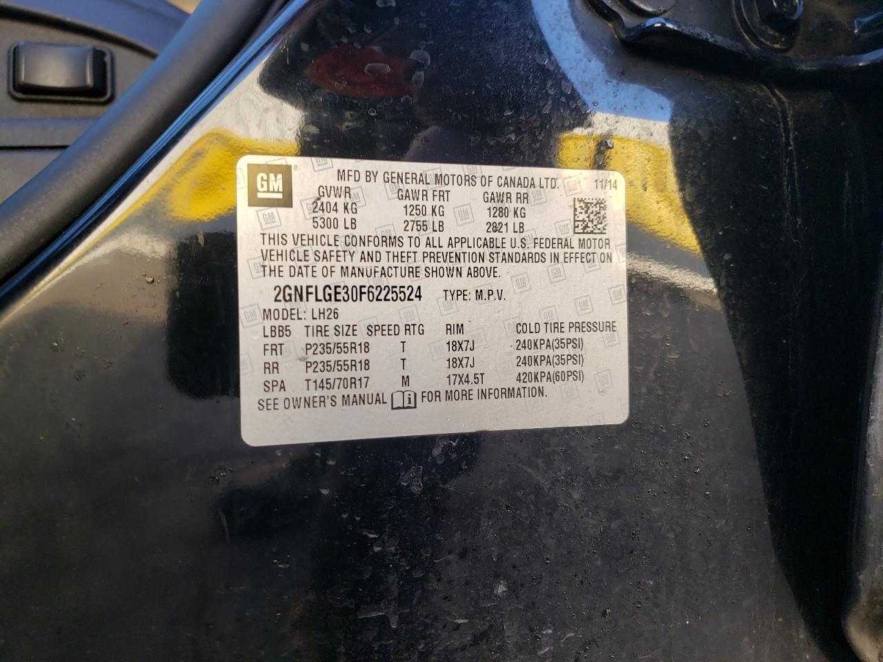 Photo 10 from auction – 2015 CHEVROLET EQUINOX LT with VIN 2GNFLGE30F6225524