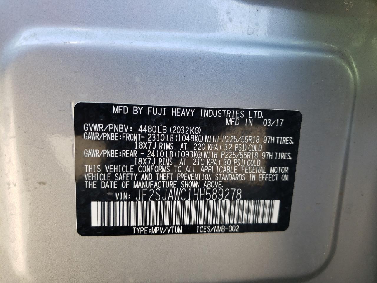 Photo 10 from auction – 2017 SUBARU FORESTER 2 with VIN JF2SJAWC1HH589278