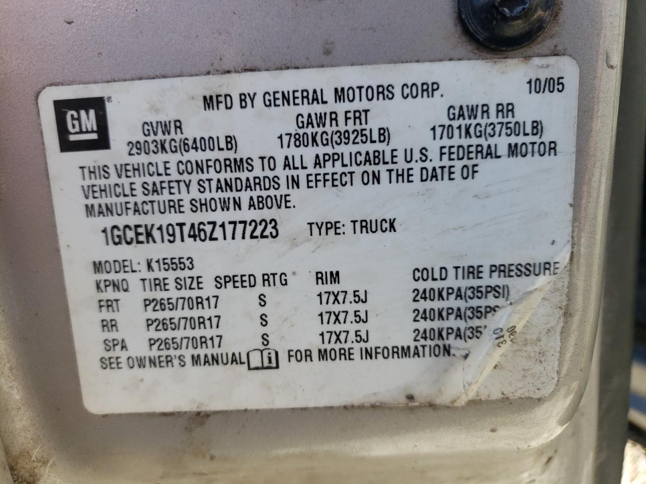 Photo 10 from auction – 2006 CHEVROLET SILVERADO with VIN 1GCEK19T46Z177223