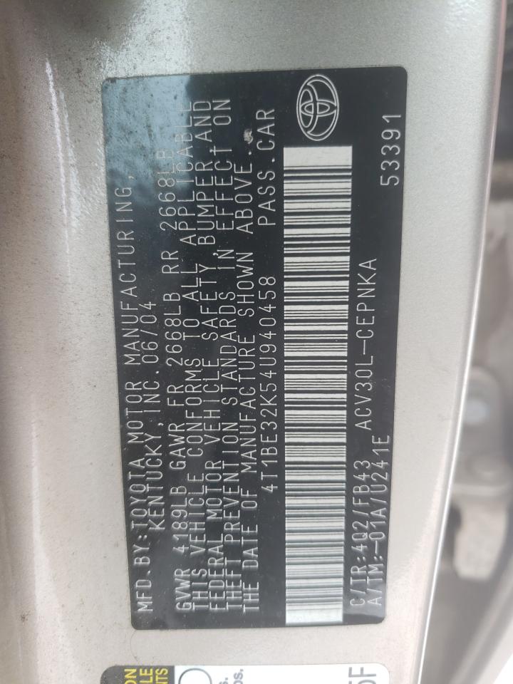 Photo 10 from auction – 2004 TOYOTA CAMRY LE with VIN 4T1BE32K54U940458