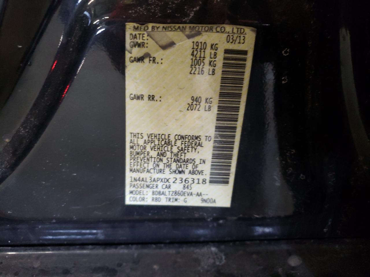 Photo 10 from auction – 2013 NISSAN ALTIMA 2.5 with VIN 1N4AL3APXDC236318