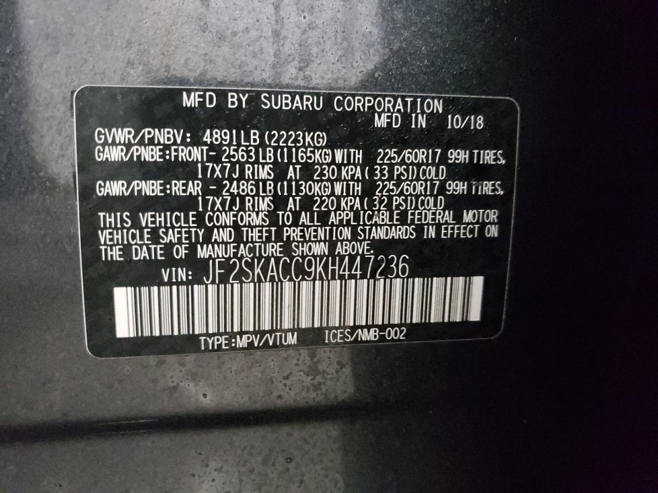 Photo 10 from auction – 2019 SUBARU FORESTER with VIN JF2SKACC9KH447236