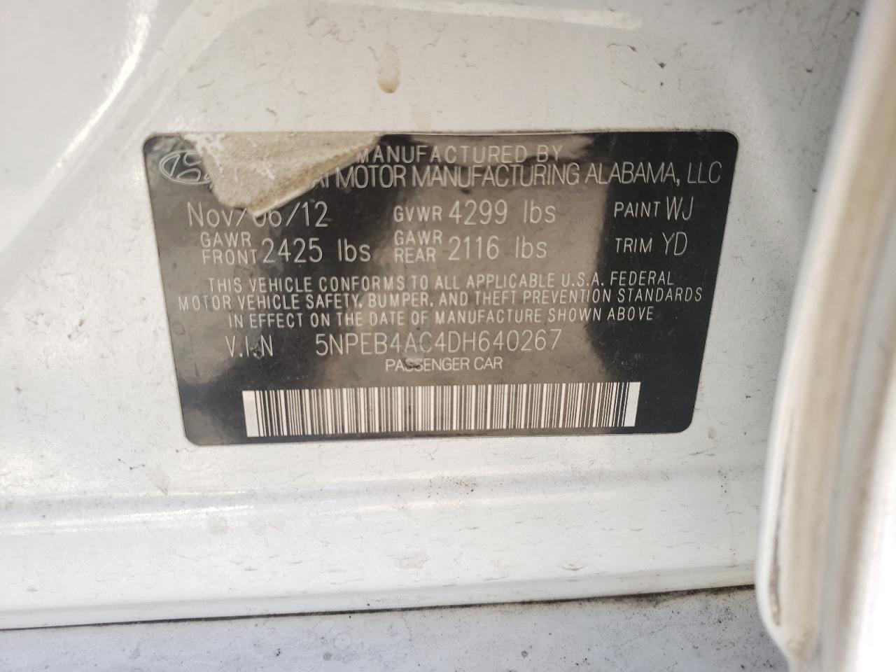 Photo 10 from auction – 2013 HYUNDAI SONATA GLS with VIN 5NPEB4AC4DH640267
