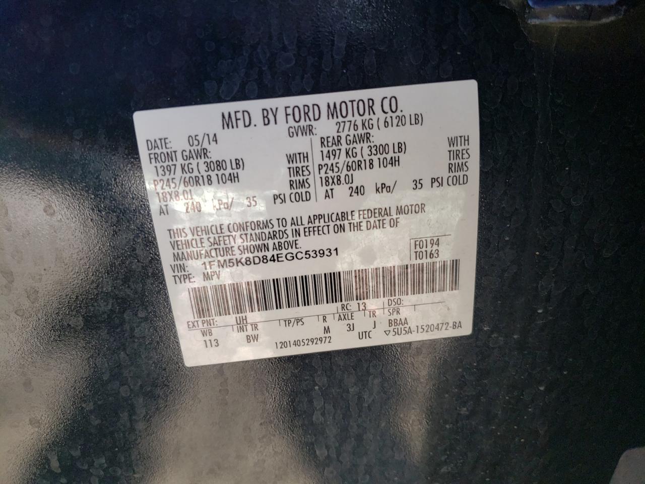Photo 10 from auction – 2014 FORD EXPLORER X with VIN 1FM5K8D84EGC53931