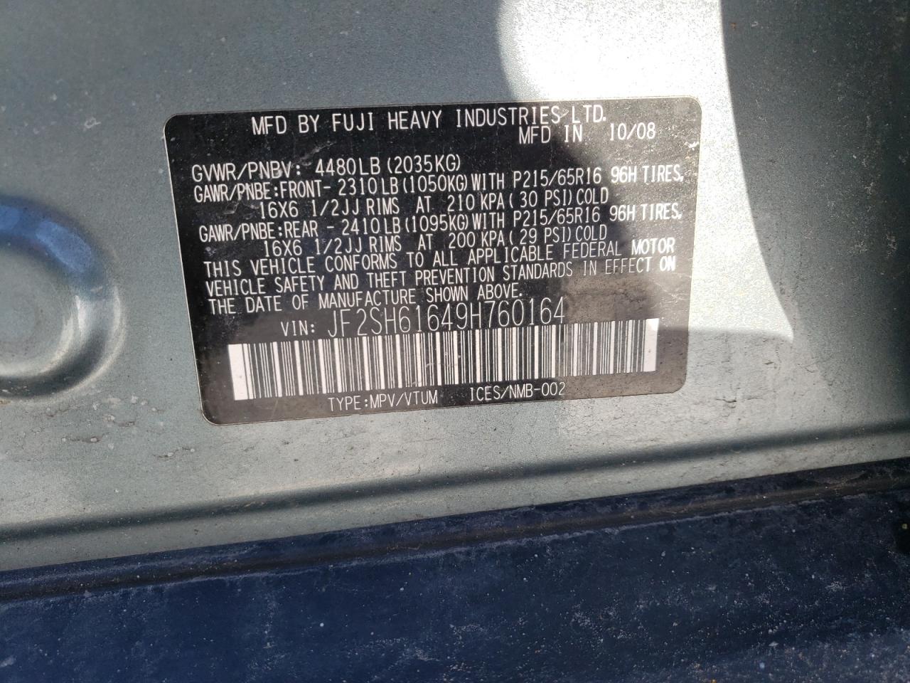 Photo 10 from auction – 2009 SUBARU FORESTER 2 with VIN JF2SH61649H760164