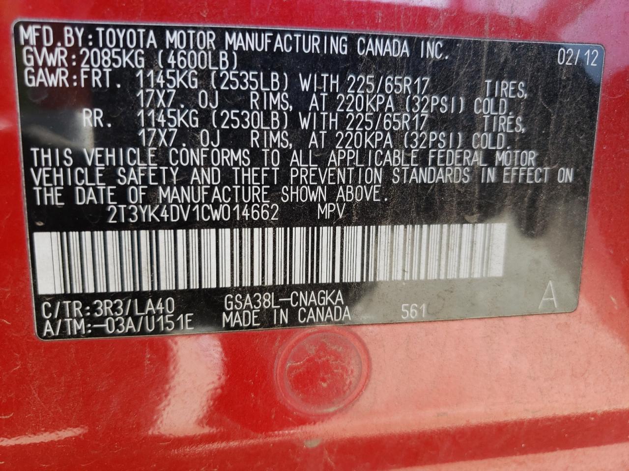 Photo 10 from auction – 2012 TOYOTA RAV4 LIMIT with VIN 2T3YK4DV1CW014662