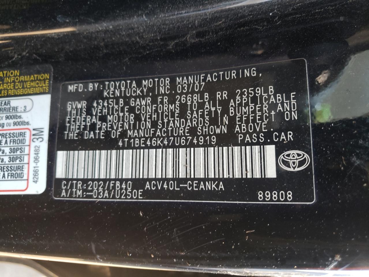 Photo 10 from auction – 2007 TOYOTA CAMRY CE with VIN 4T1BE46K47U674919