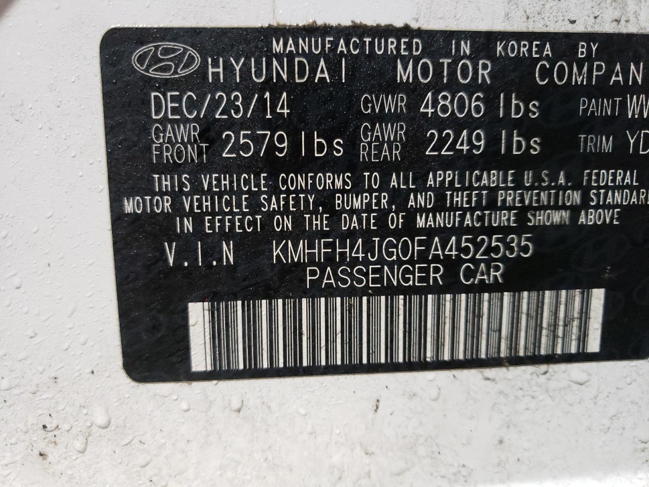 Photo 10 from auction – 2015 HYUNDAI AZERA LIMI with VIN KMHFH4JG0FA452535