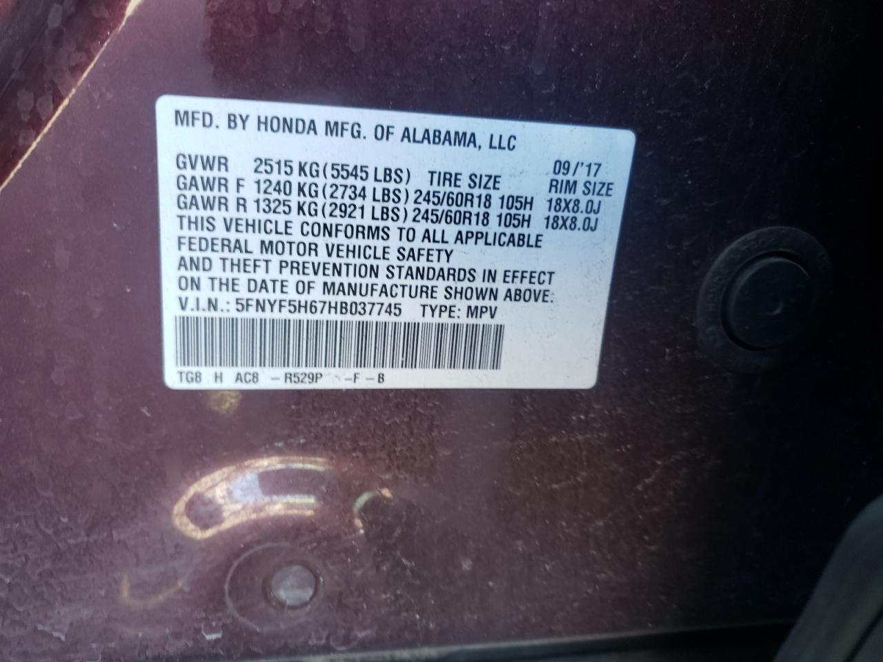 Photo 10 from auction – 2017 HONDA PILOT EXL with VIN 5FNYF5H67HB037745