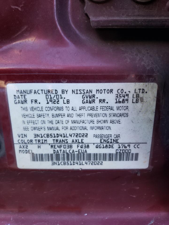 Photo 10 from auction – 2001 NISSAN SENTRA XE with VIN 3N1CB51D41L472022