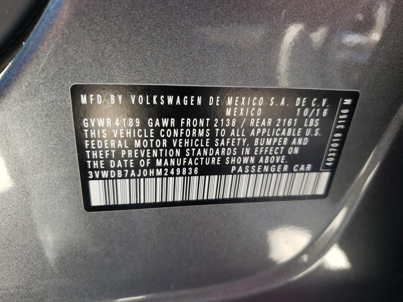 Photo 10 from auction – 2017 VOLKSWAGEN JETTA SE with VIN 3VWDB7AJ0HM249836
