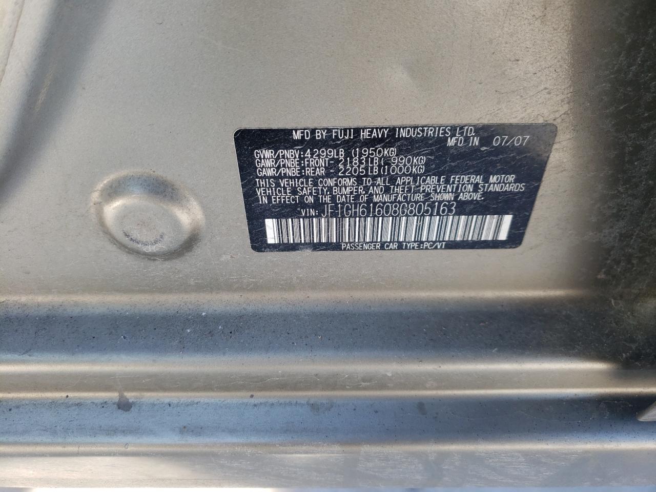 Photo 10 from auction – 2008 SUBARU IMPREZA 2. with VIN JF1GH61608G805163