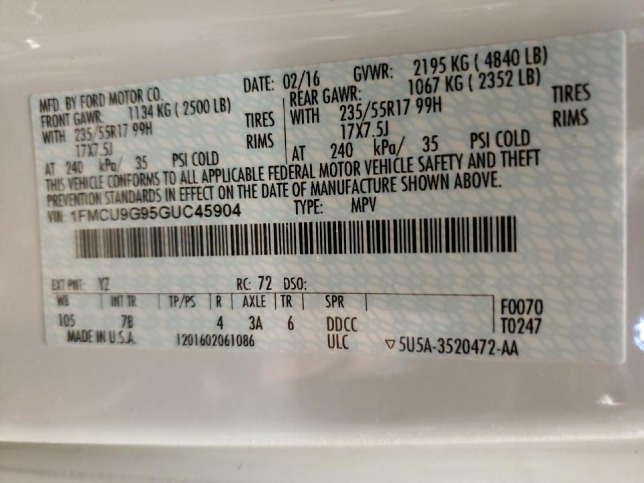 Photo 10 from auction – 2016 FORD ESCAPE SE with VIN 1FMCU9G95GUC45904