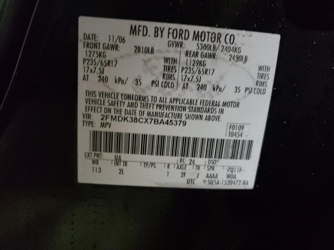 Photo 10 from auction – 2007 FORD EDGE SEL with VIN 2FMDK38CX7BA45379