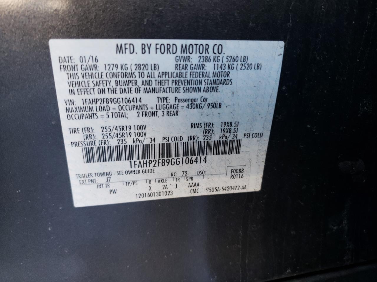 Photo 10 from auction – 2016 FORD TAURUS LIM with VIN 1FAHP2F89GG106414