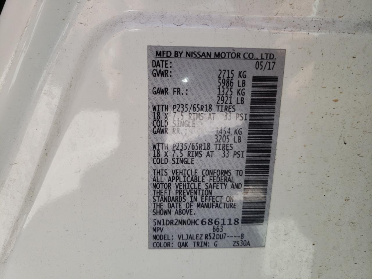 Photo 10 from auction – 2017 NISSAN PATHFINDER with VIN 5N1DR2MN0HC686118