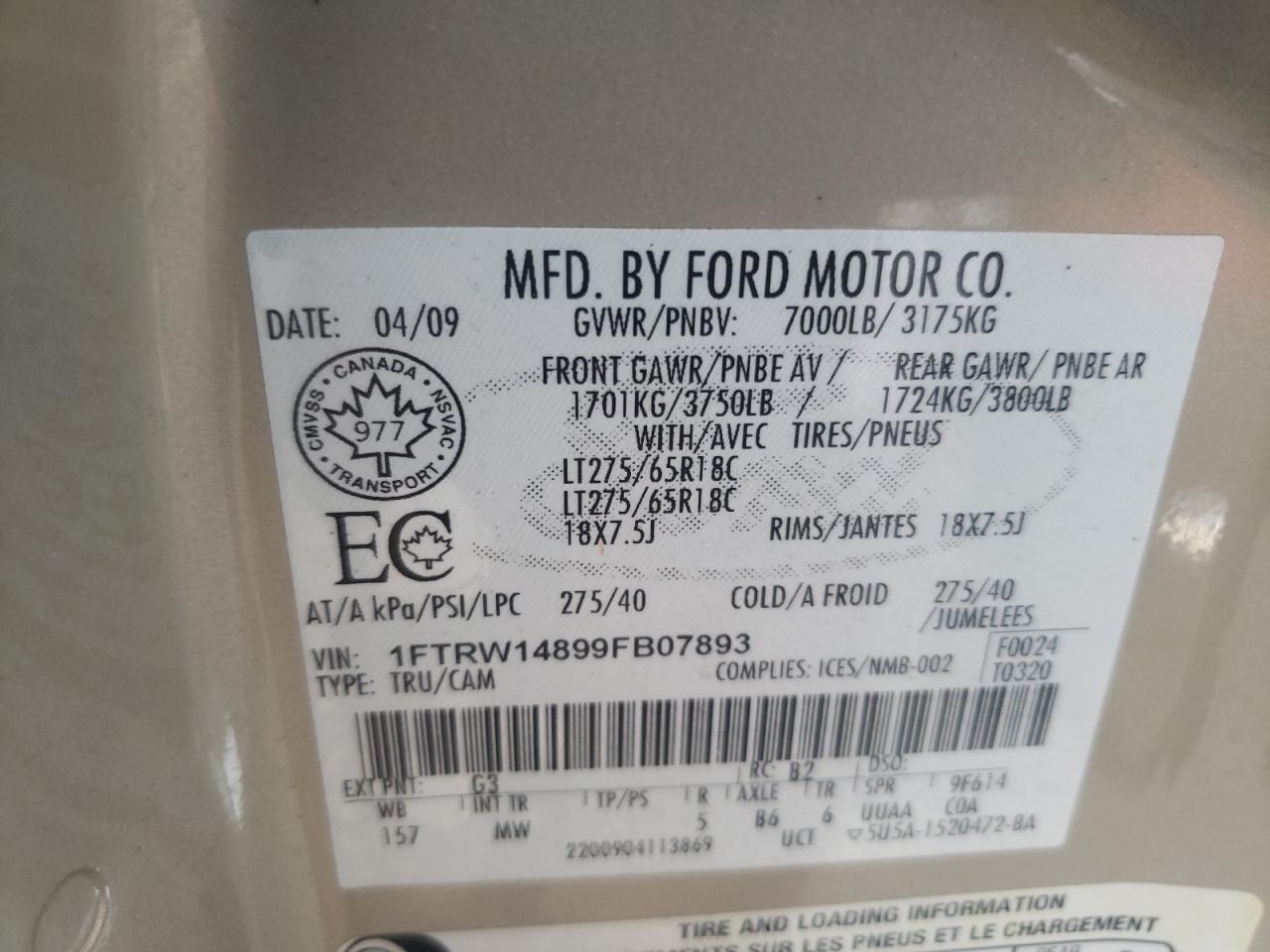 Photo 10 from auction – 2009 FORD F150 SUPER with VIN 1FTRW14899FB07893