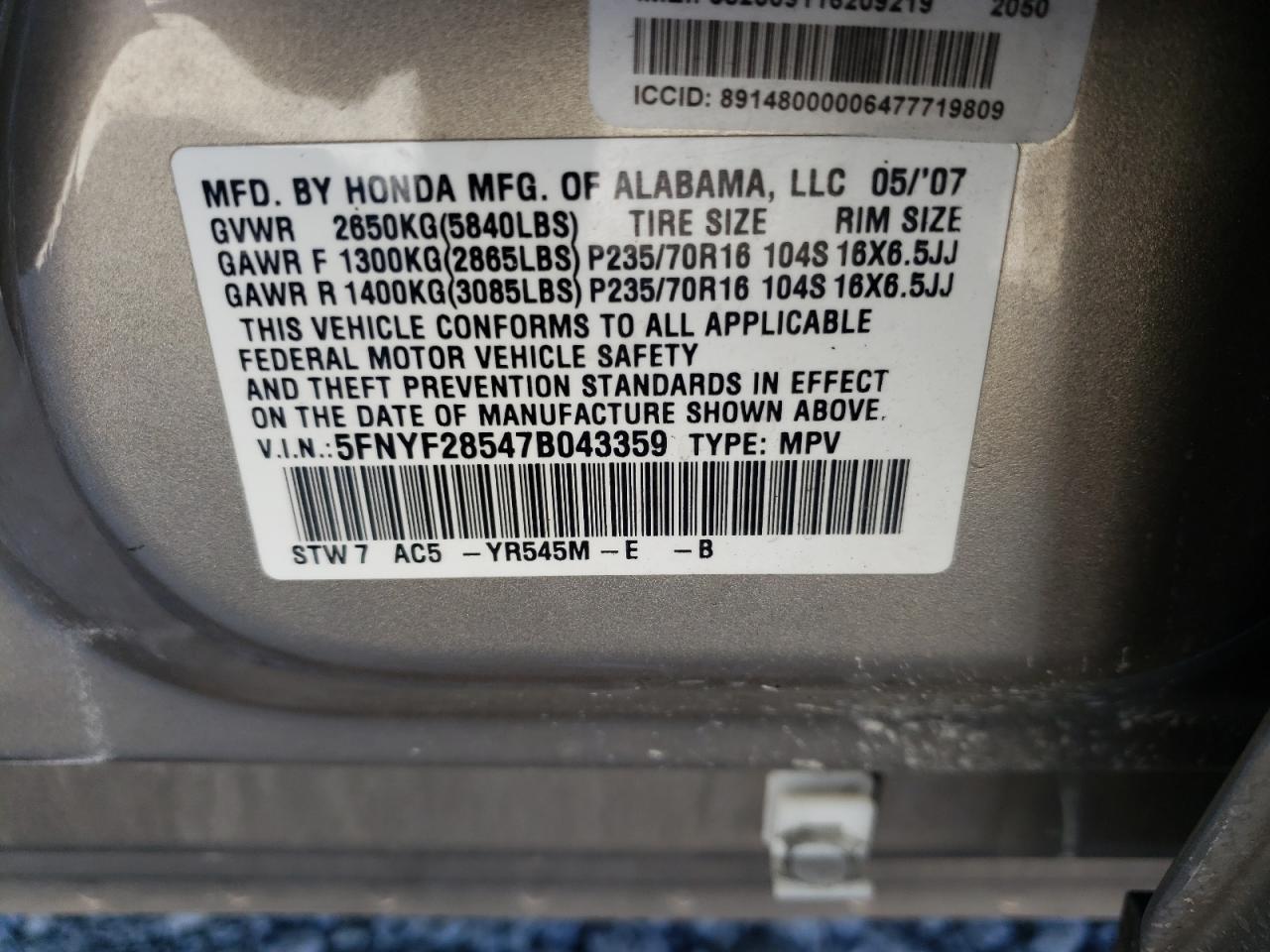 Фото 10 с аукциона – 2007 HONDA PILOT EXL с VIN 5FNYF28547B043359